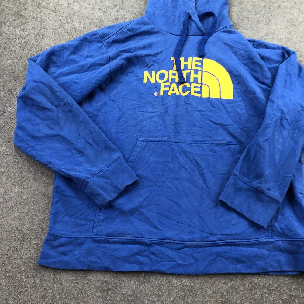 The North Face Hoodie Mens Large Blue Pullover Fleece Sweatshirt Big Logo Front
